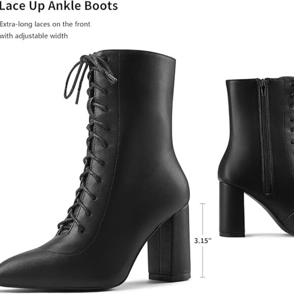 Ankle Boots Lace Up Side Zipper Block Heel Mid Calf High Heel Booties, 8.5 Black - Picture 4 of 5